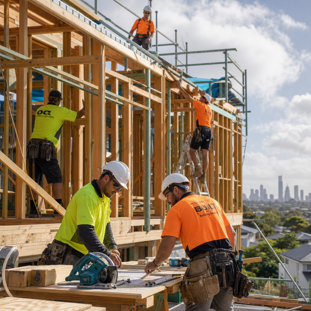 Construction workers collaborating on an active building site with multiple trades working simultaneously