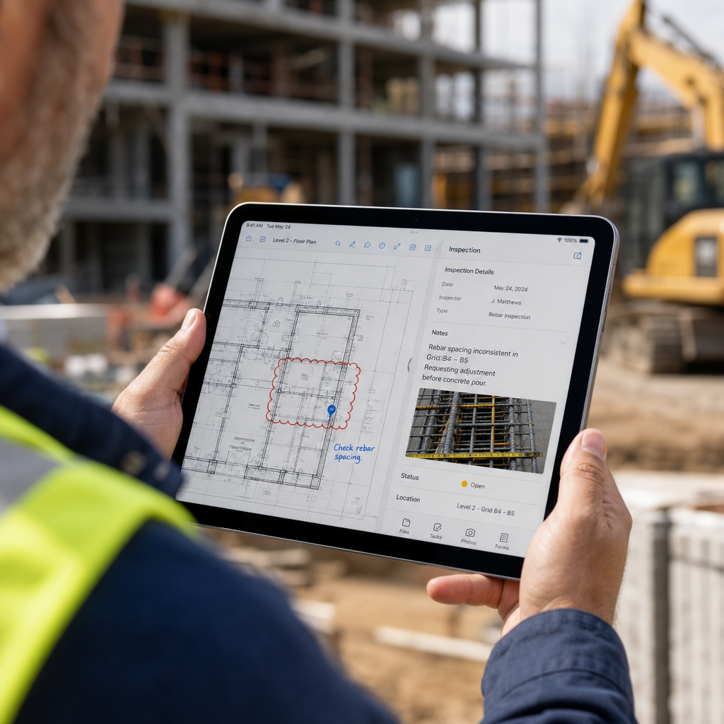 Site manager reviewing digital inspection documentation on tablet with active construction site in background