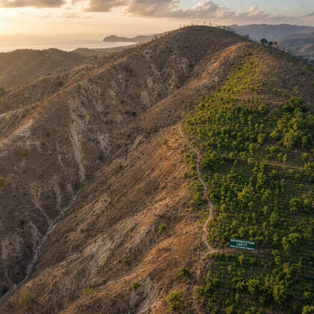 Aerial view contrasting barren, eroded Haitian hillside with a small reforested green section