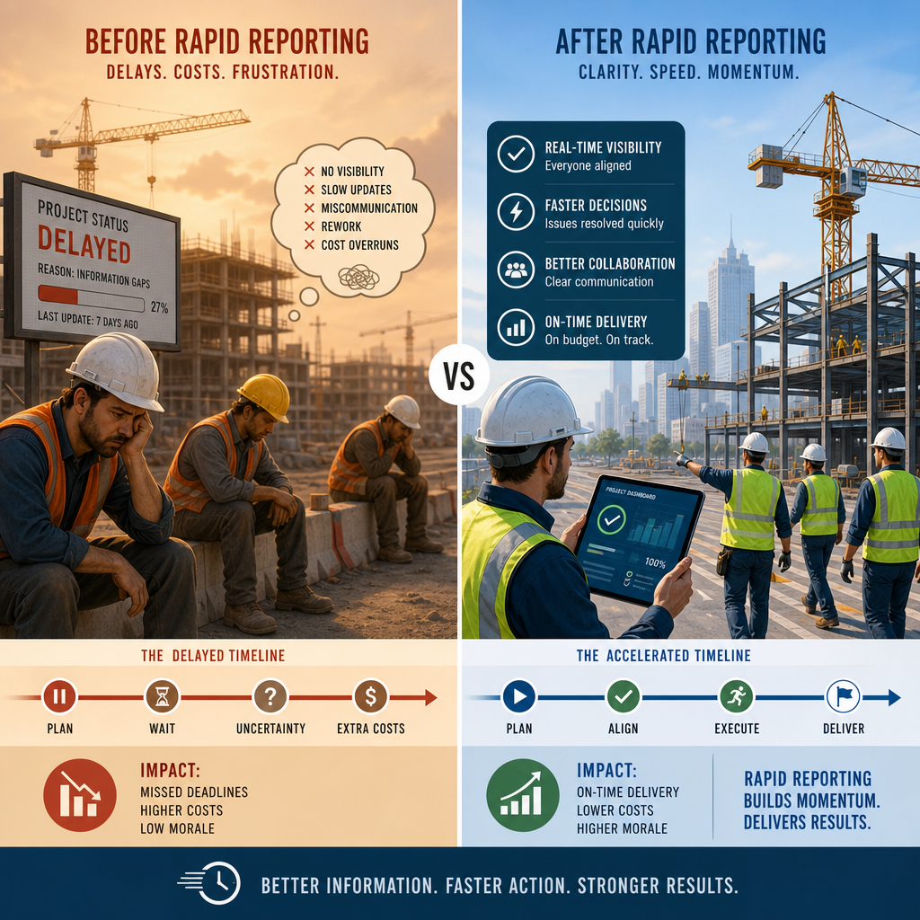 Visual comparison contrasting construction delays versus efficient workflow timelines