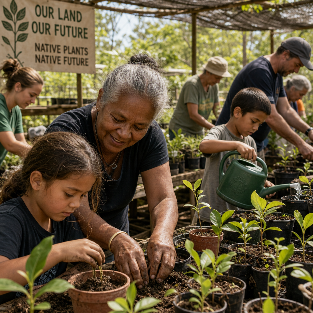 Haitian community members collaboratively tending native tree seedlings in a reforestation nursery