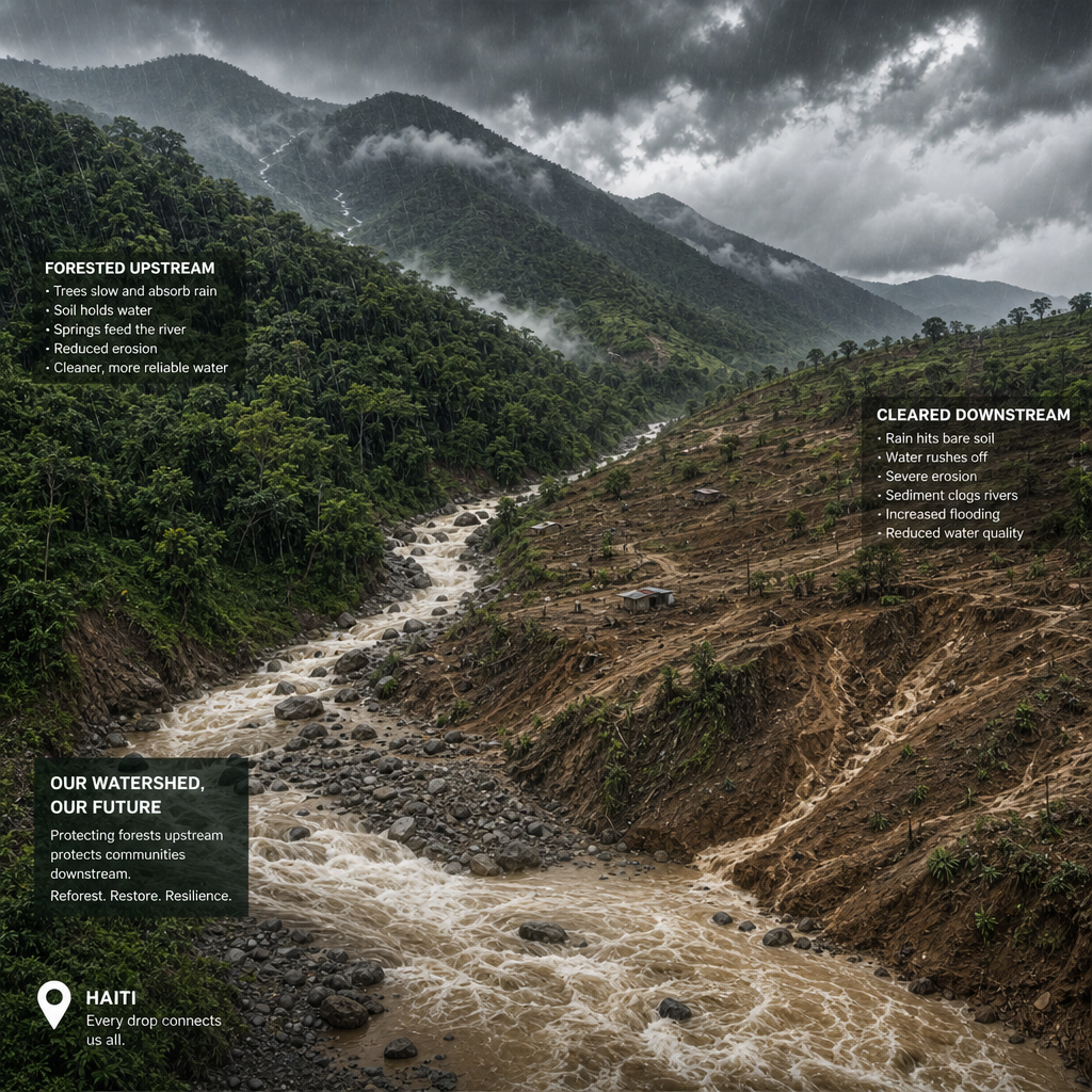 Haitian watershed landscape showing erosion patterns in deforested areas during rainy season