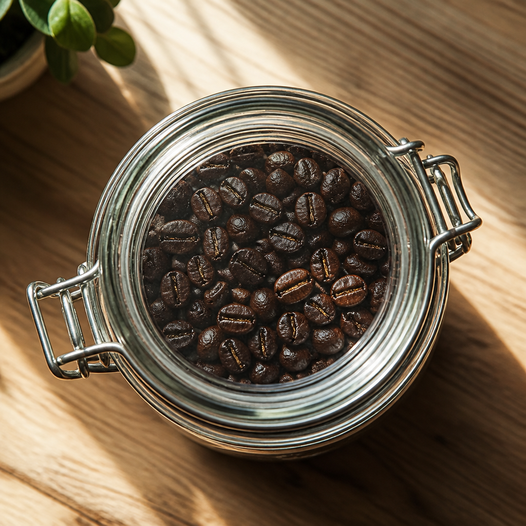 Airtight glass jar containing fresh coffee beans with sealed lid on wooden surface