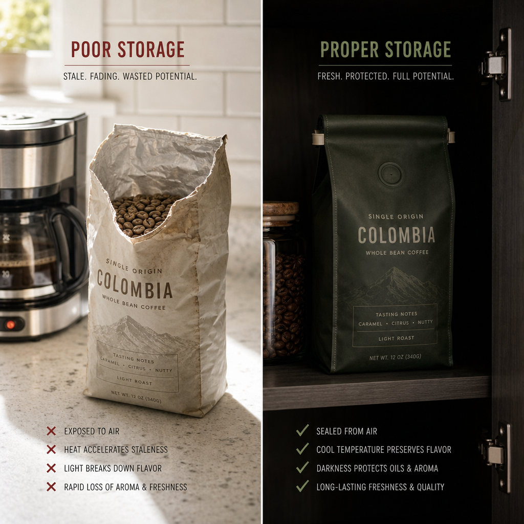 Comparison of improper coffee storage on bright counter versus proper storage in dark cabinet