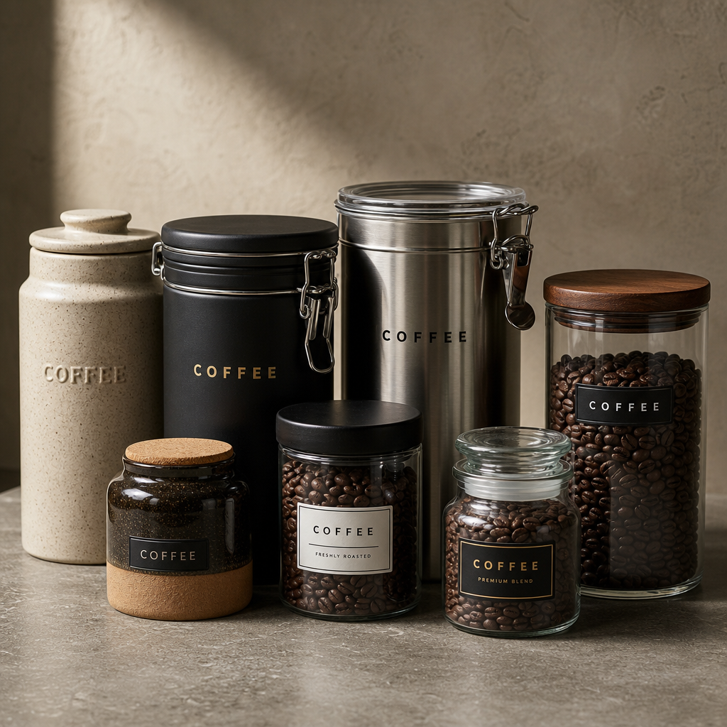 Collection of different coffee storage containers displayed to show various storage options