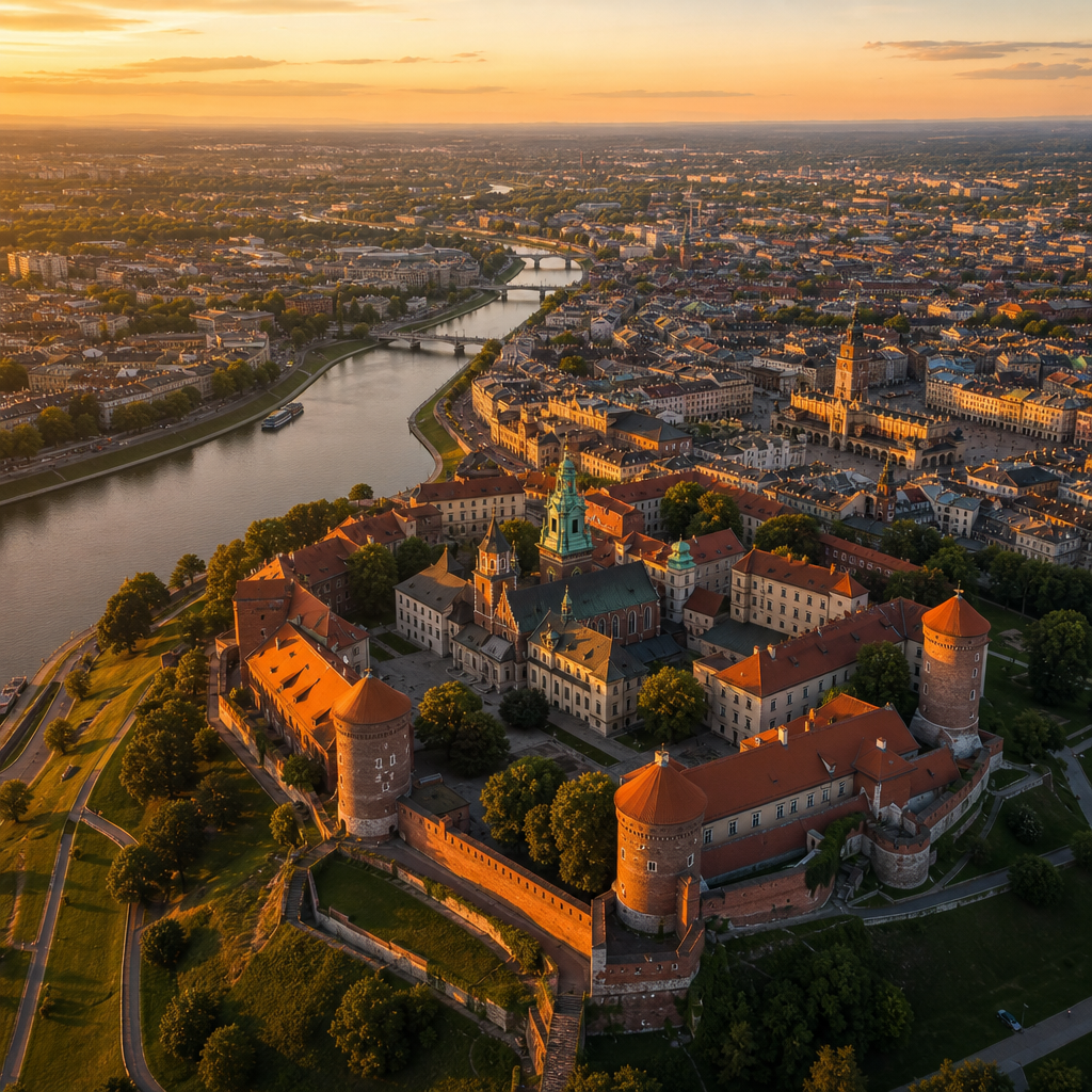 Widok z helikoptera na Kraków i Wawel o złotej godzinie