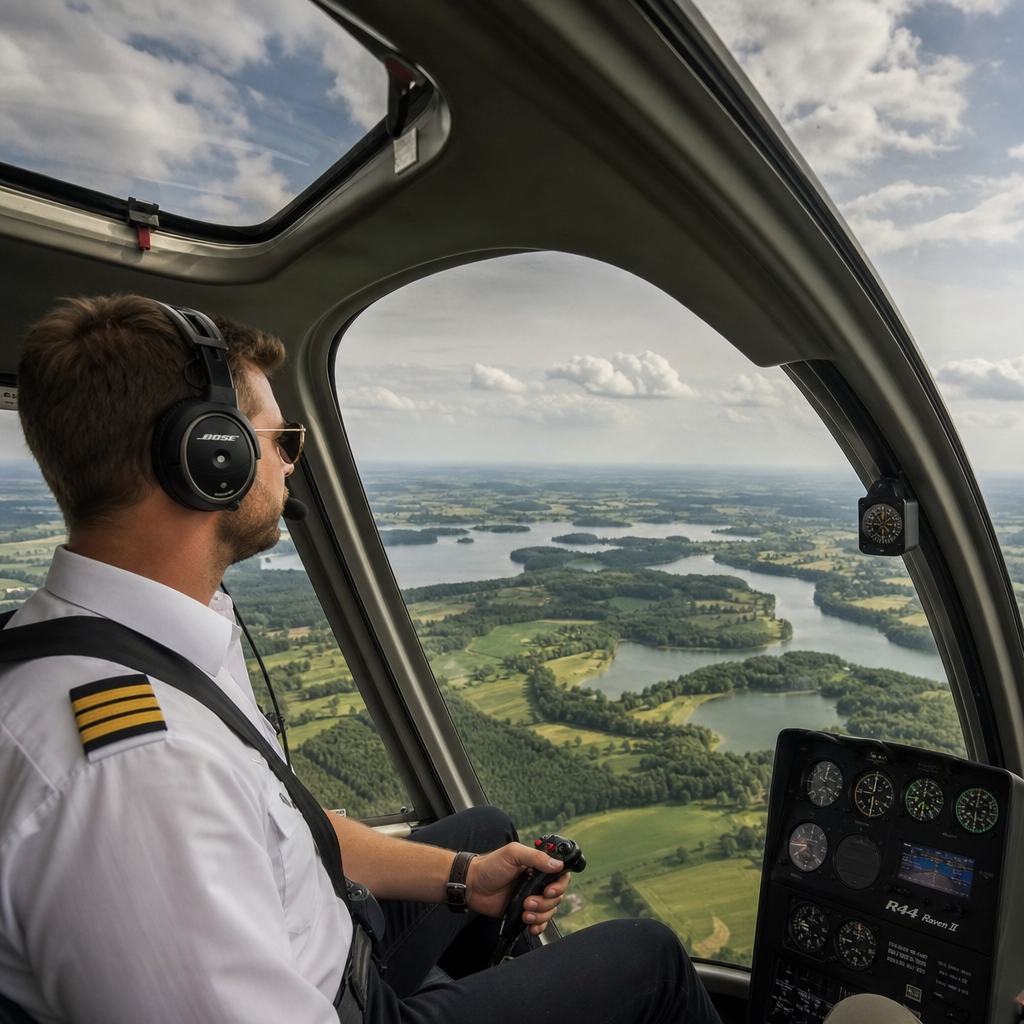 Wnętrze kabiny helikoptera z widokiem pilota i krajobrazem Polski