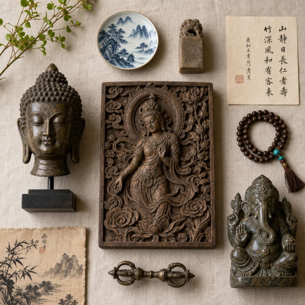 Kuratierte Sammlung asiatischer Kunstskulpturen und Relieftafeln auf neutralem Hintergrund