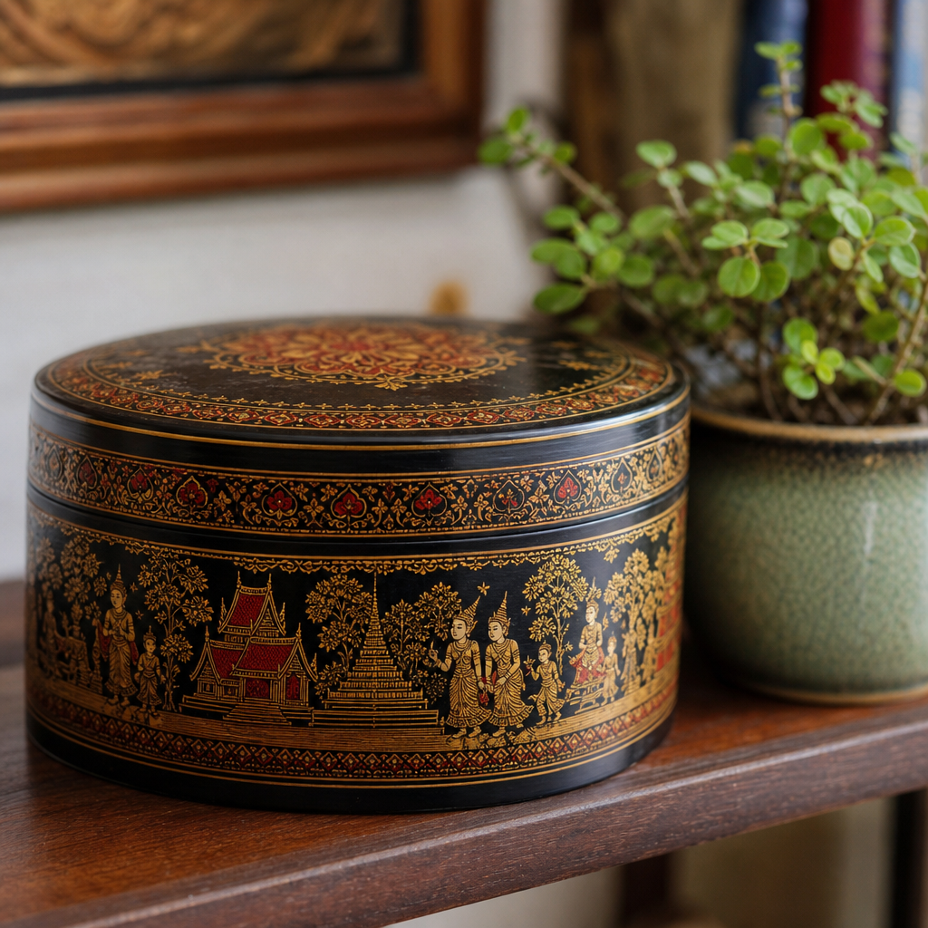 Detailansicht einer traditionellen burmesischen Lackdose mit ornamentalen Goldmustern