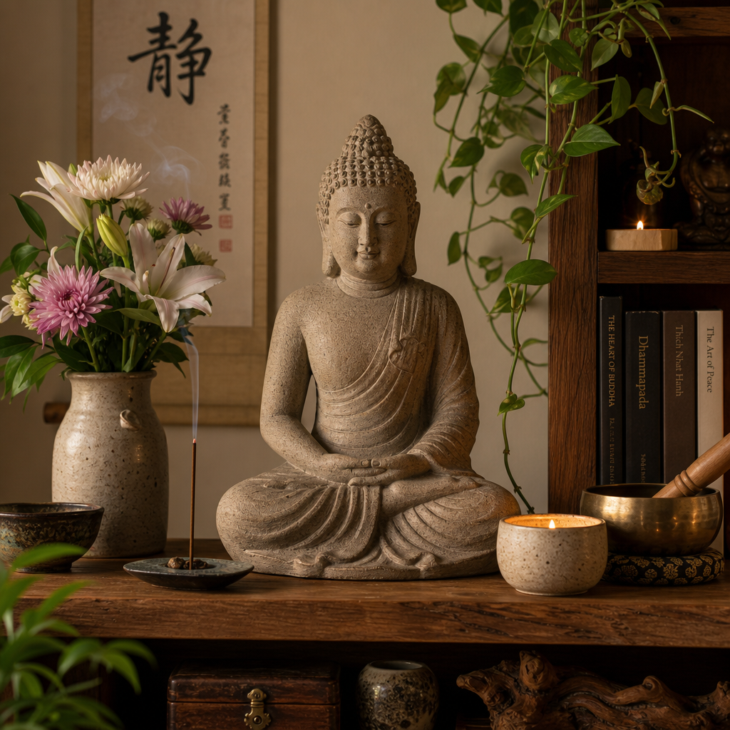 Buddhistische Statue in einem meditativen Hausaltar mit Blumen und Kerzen