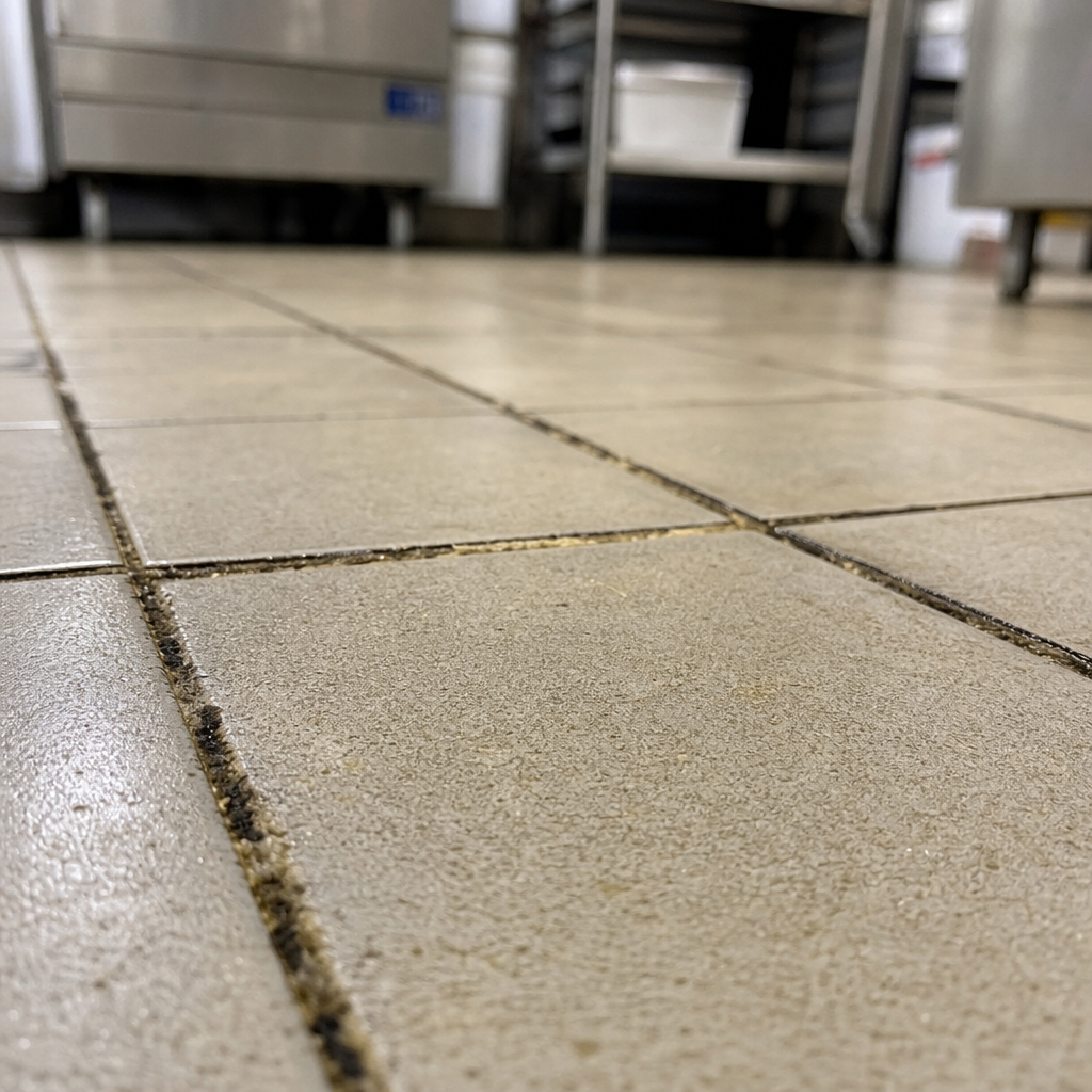 Tile and Grout Cleaning for Commercial Kitchens Melbourne Discolored grout lines between commercial kitchen floor tiles showing bacterial buildup and dirt accumulation requiring tile and grout cleaning in melbourne kitchen