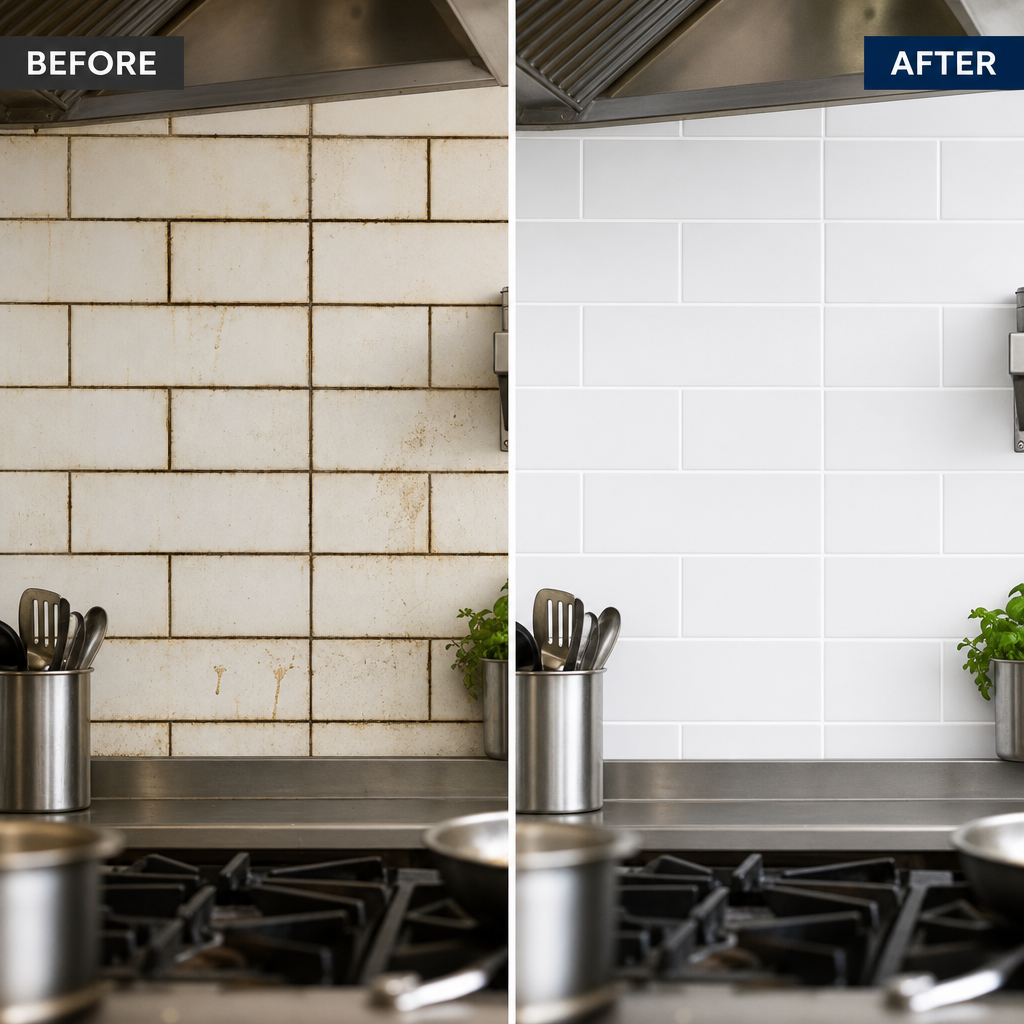 Tile and Grout Cleaning for Commercial Kitchens Melbourne Before and after comparison of commercial kitchen tiles showing the transformation from dirty to clean tile and grout in cranbourne