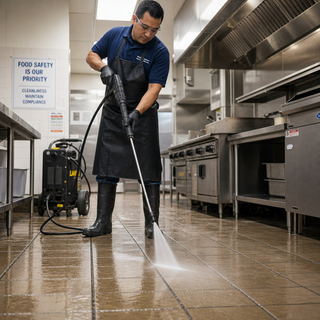 Tile and Grout Cleaning for Commercial Kitchens Melbourne Commercial cleaning professional using pressure equipment to deep clean tile and grout in industrial kitchen