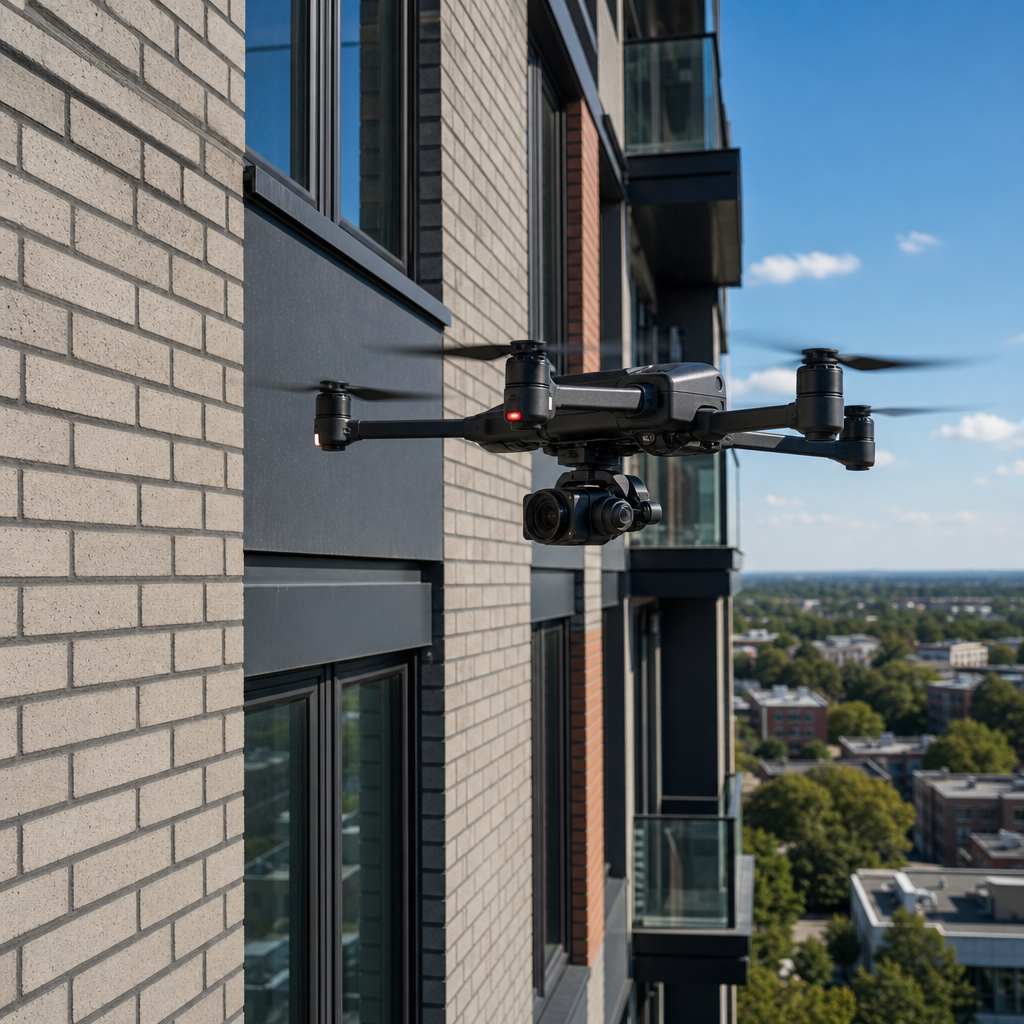 Drone scanner en bygningsfacade for at indsamle 3D-data