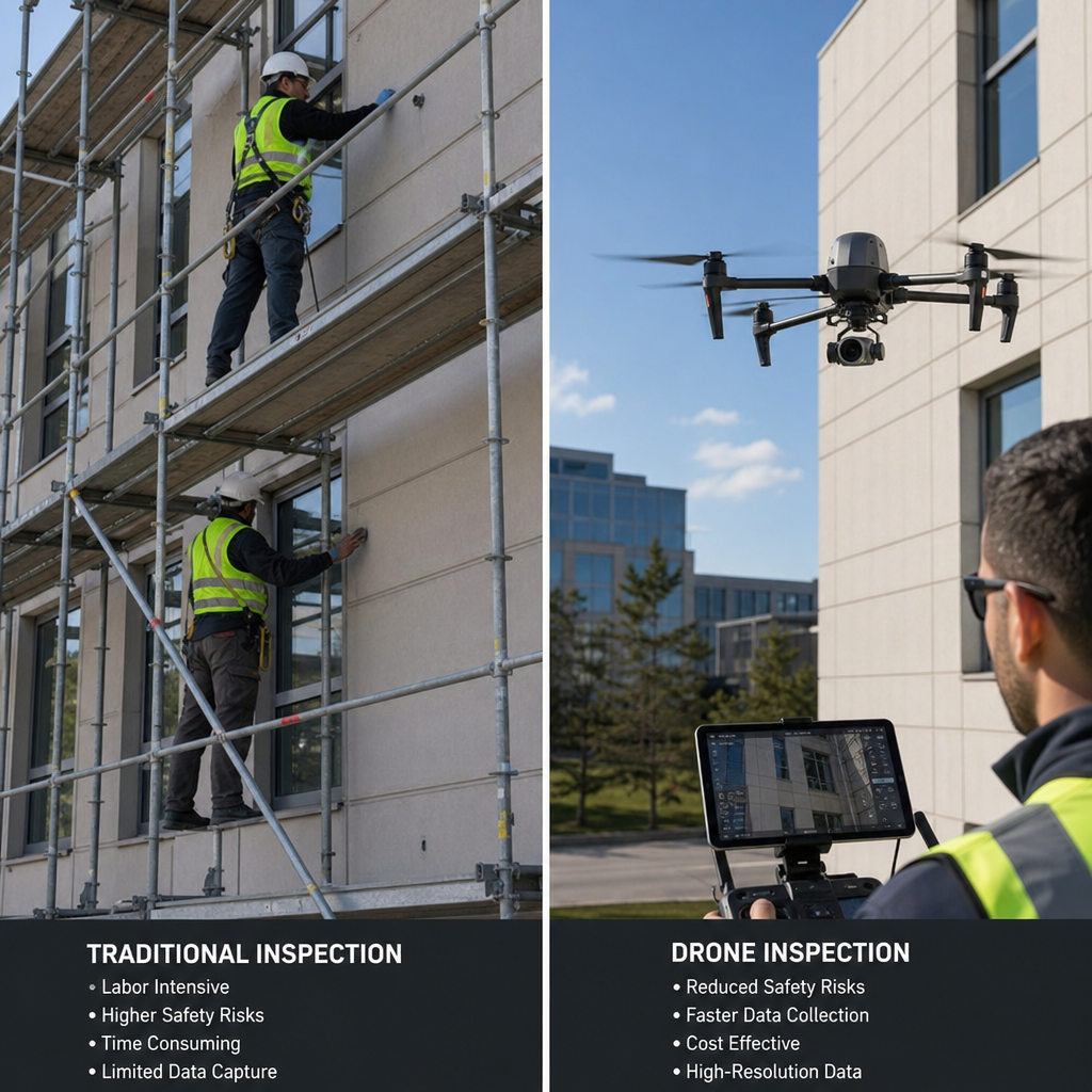 Sammenligning af traditionel manuel inspektion og dronebaseret scanning af en bygning