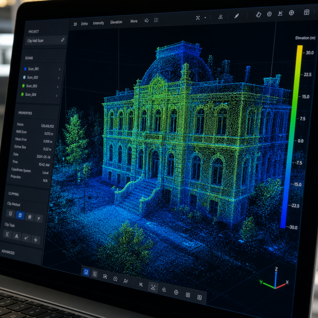 3D-punktsky fra dronescanning vist i software til bygningsforvaltning