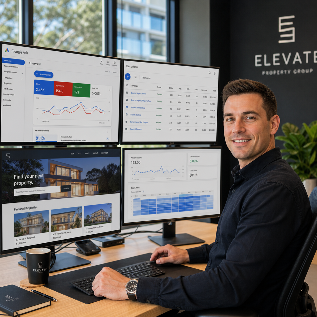Real estate professional managing flexible Google Ads campaigns on multiple screens