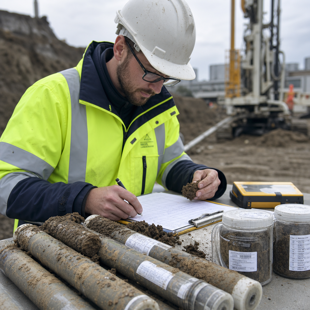 Expert en géotechnique analysant des échantillons de sol sur un chantier de construction