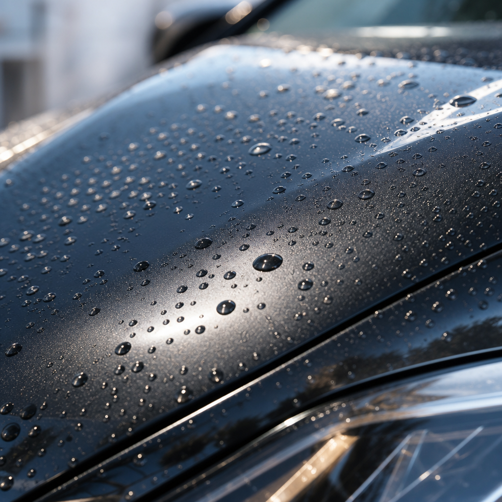 Detailed view of professional car paint with water beading effect and polished finish