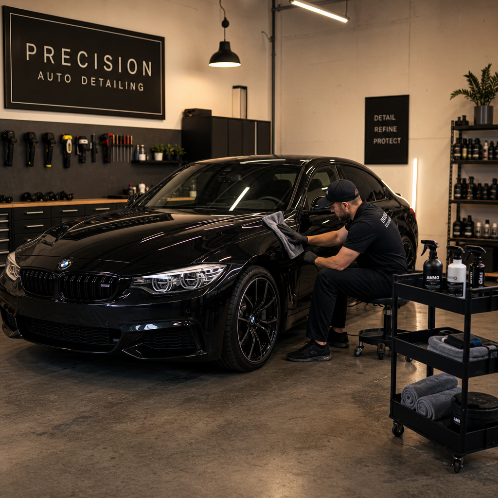 Professional detailer working on vehicle exterior with professional-grade equipment and tools
