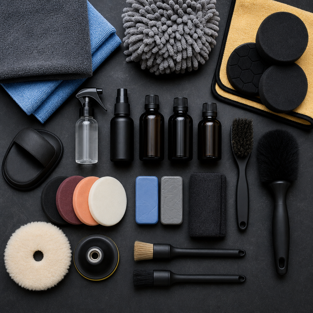 Array of professional car detailing supplies and tools arranged flat for editorial photography