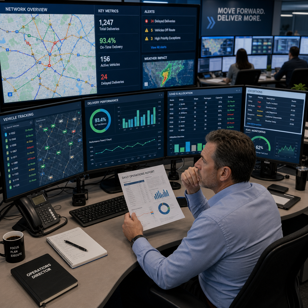 Transport operations director reviewing fleet allocation data on multiple monitoring screens in dispatch center