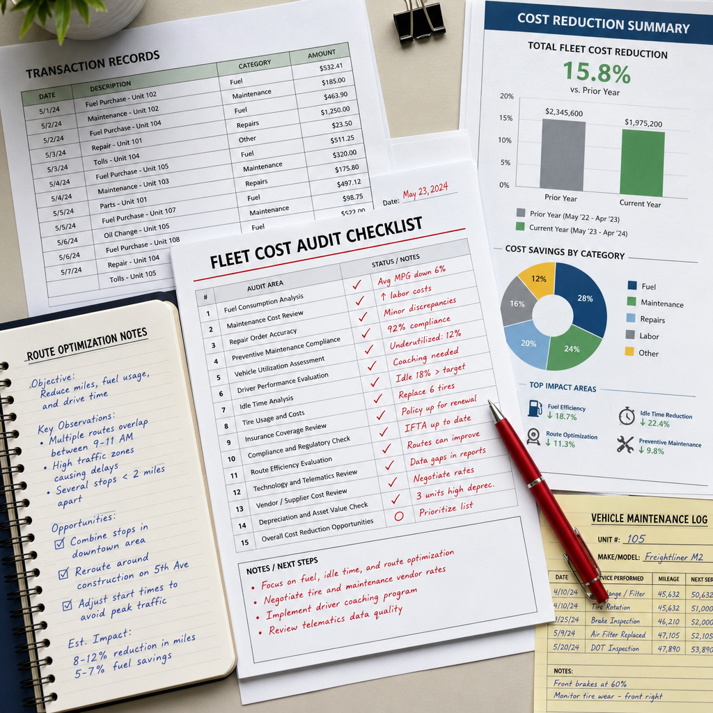 Fleet allocation audit checklist with financial documents and cost analysis materials