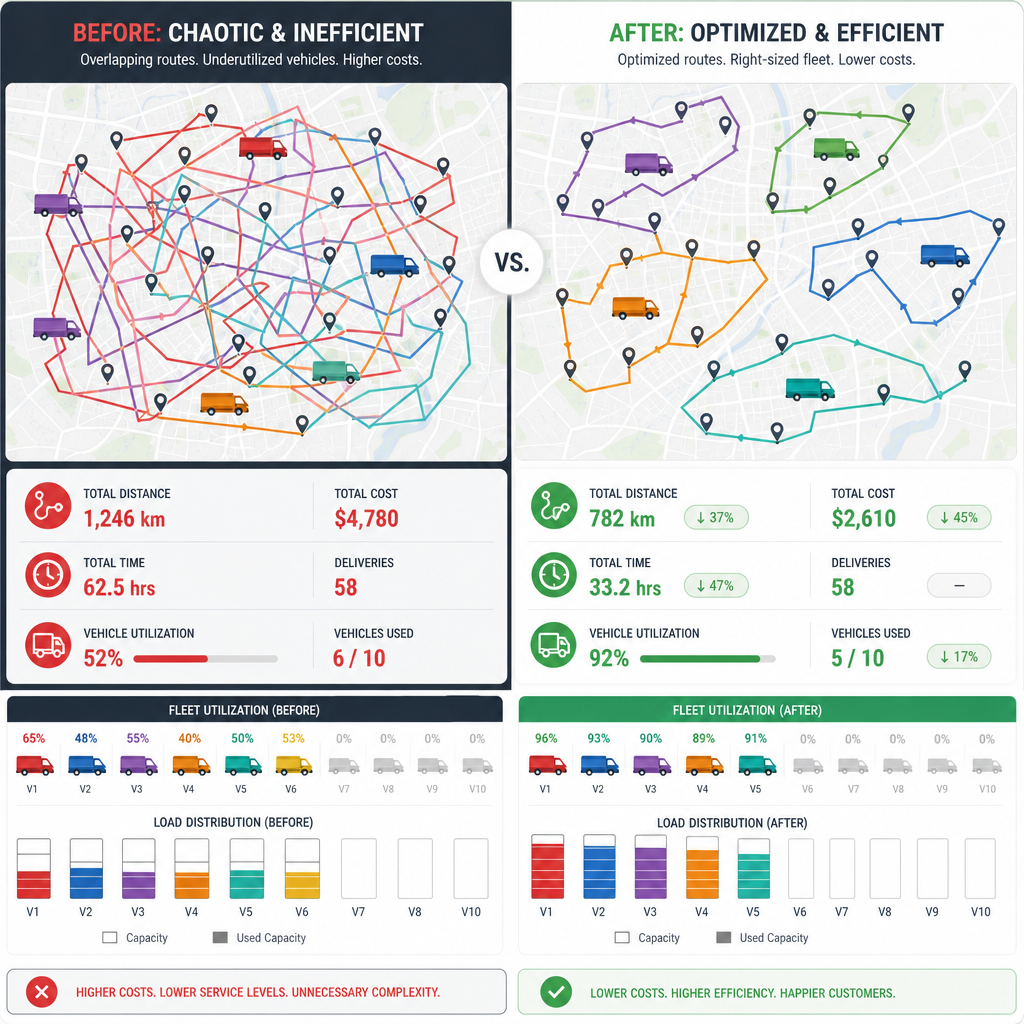 Before and after comparison of fleet allocation optimization showing inefficient versus efficient routing