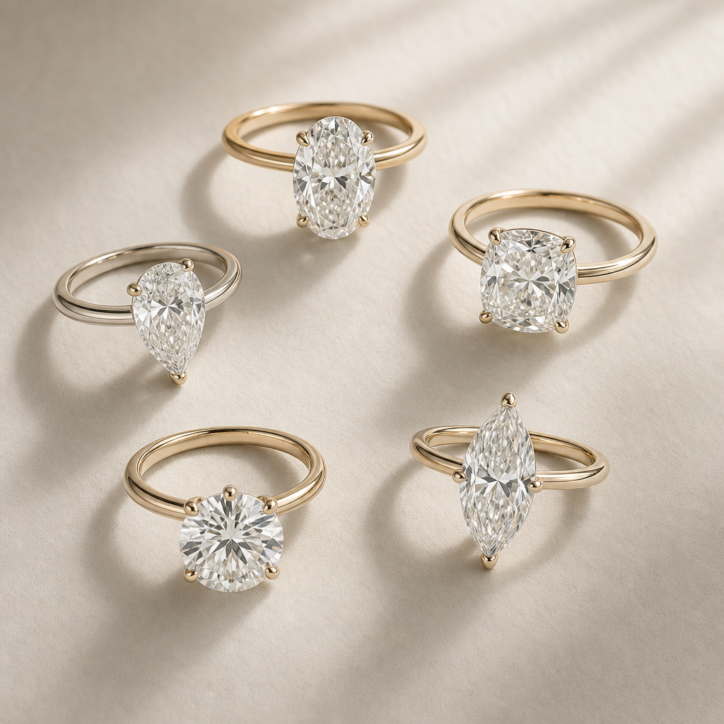 Five engagement rings with different cuts arranged in a circle on neutral background