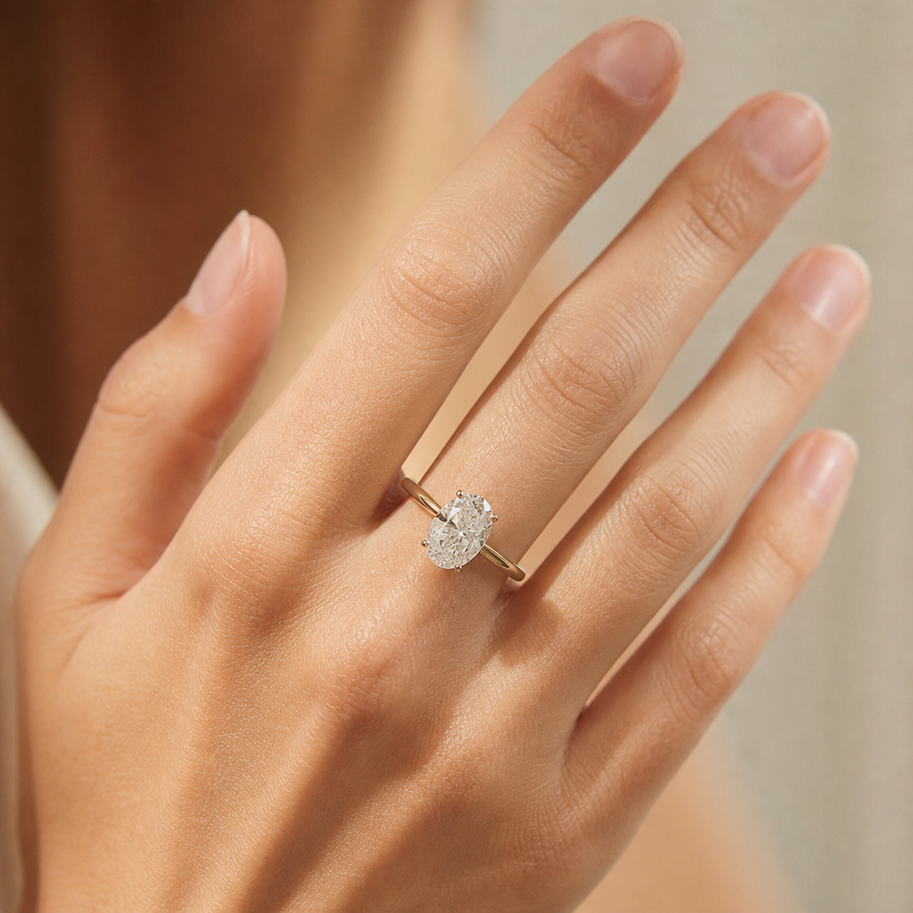 Woman's hand displaying an oval-cut engagement ring with elongated finger positioning