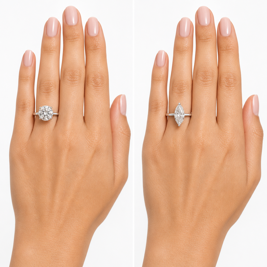 Two hands side-by-side wearing round brilliant and marquise cut rings for style comparison