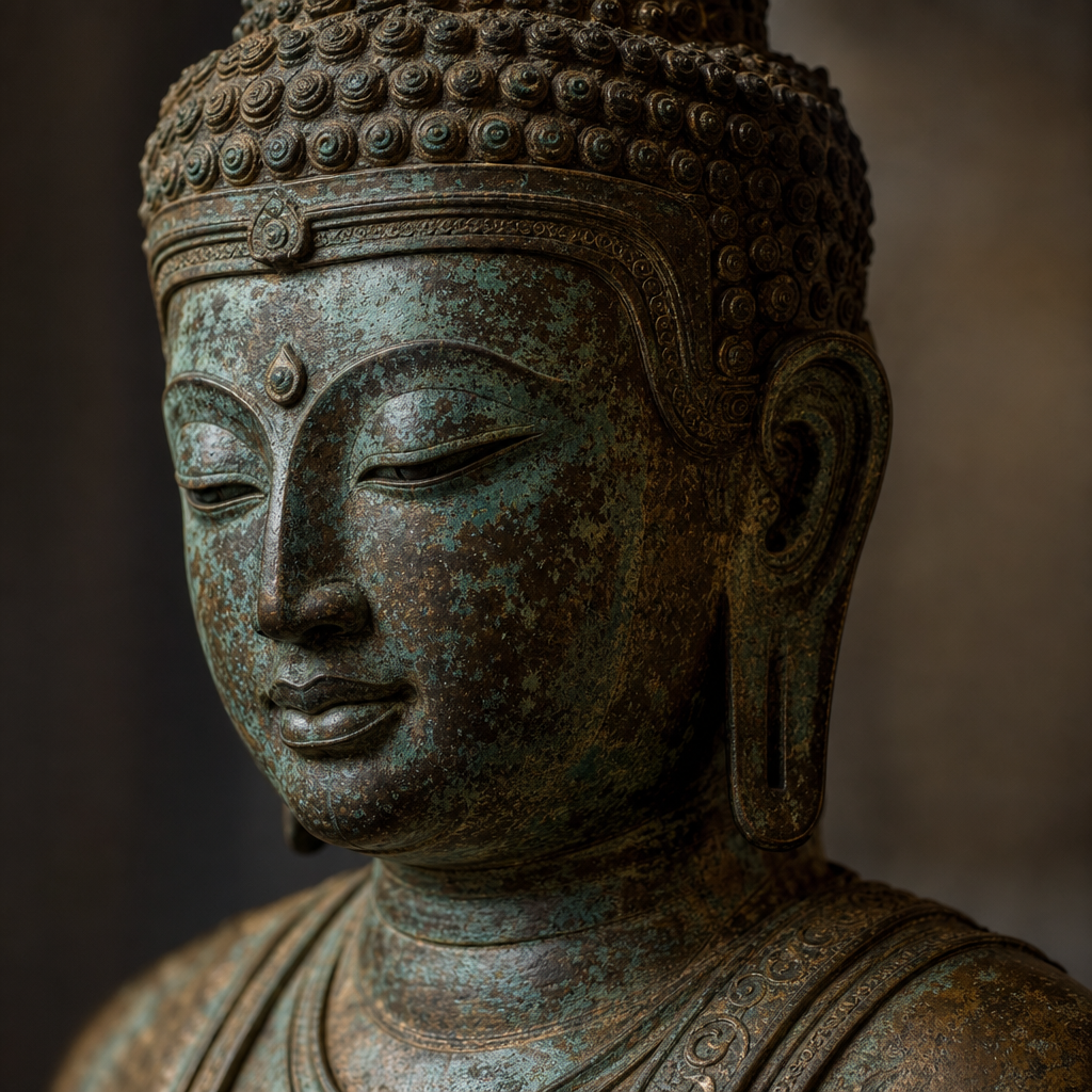 Nahaufnahme einer authentischen Buddhastatue aus Bronze mit Patina und geschnitzten ikonografischen Details
