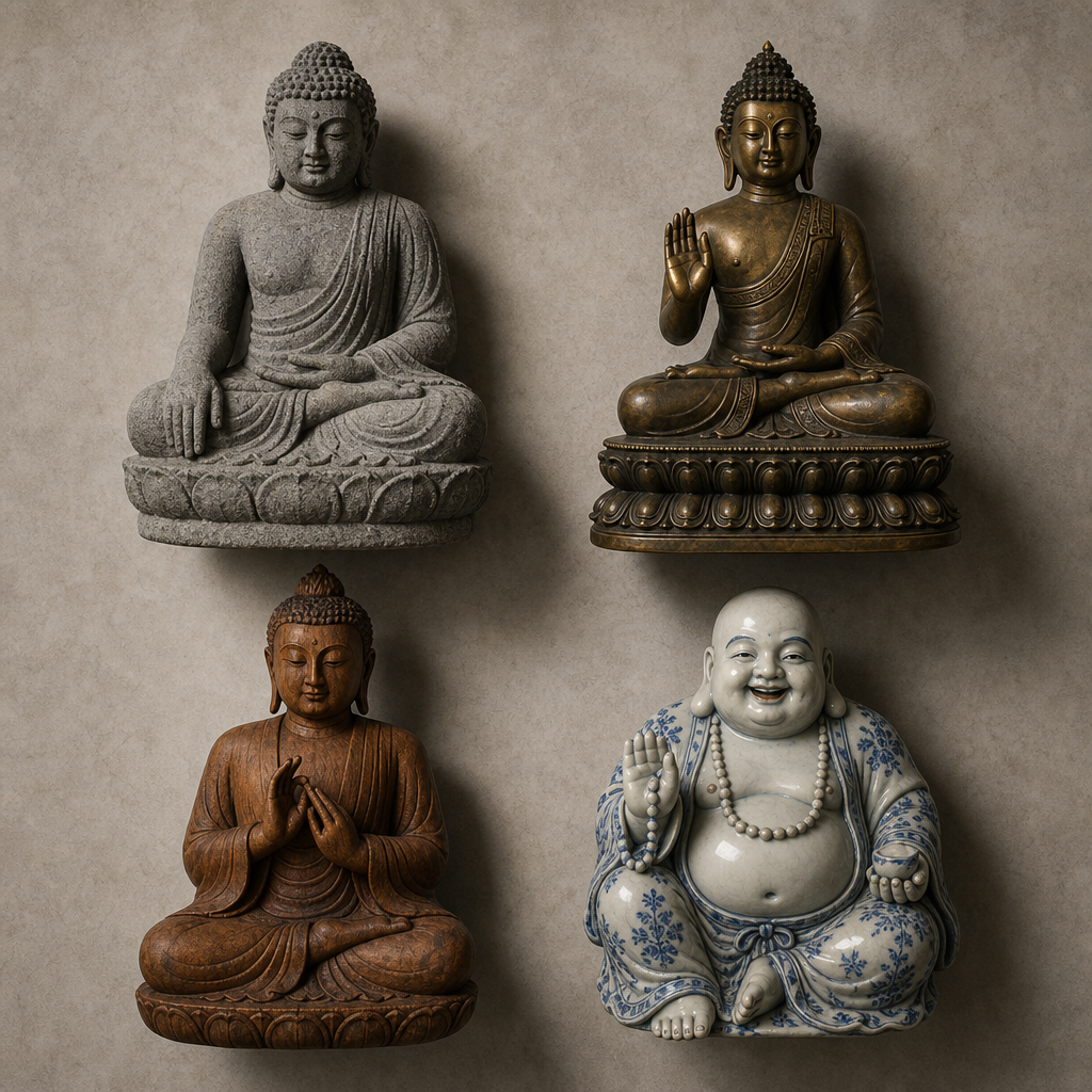Vier Buddha-Statuen in verschiedenen regionalen Stilen und Materialien zum Vergleich angeordnet