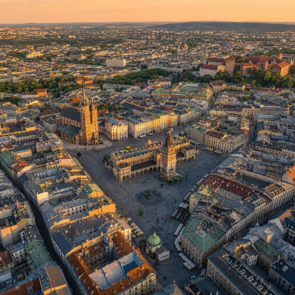 Widok z helikoptera na Kraków z lotu ptaka pokazujący Rynek Główny i zabytkową zabudowę