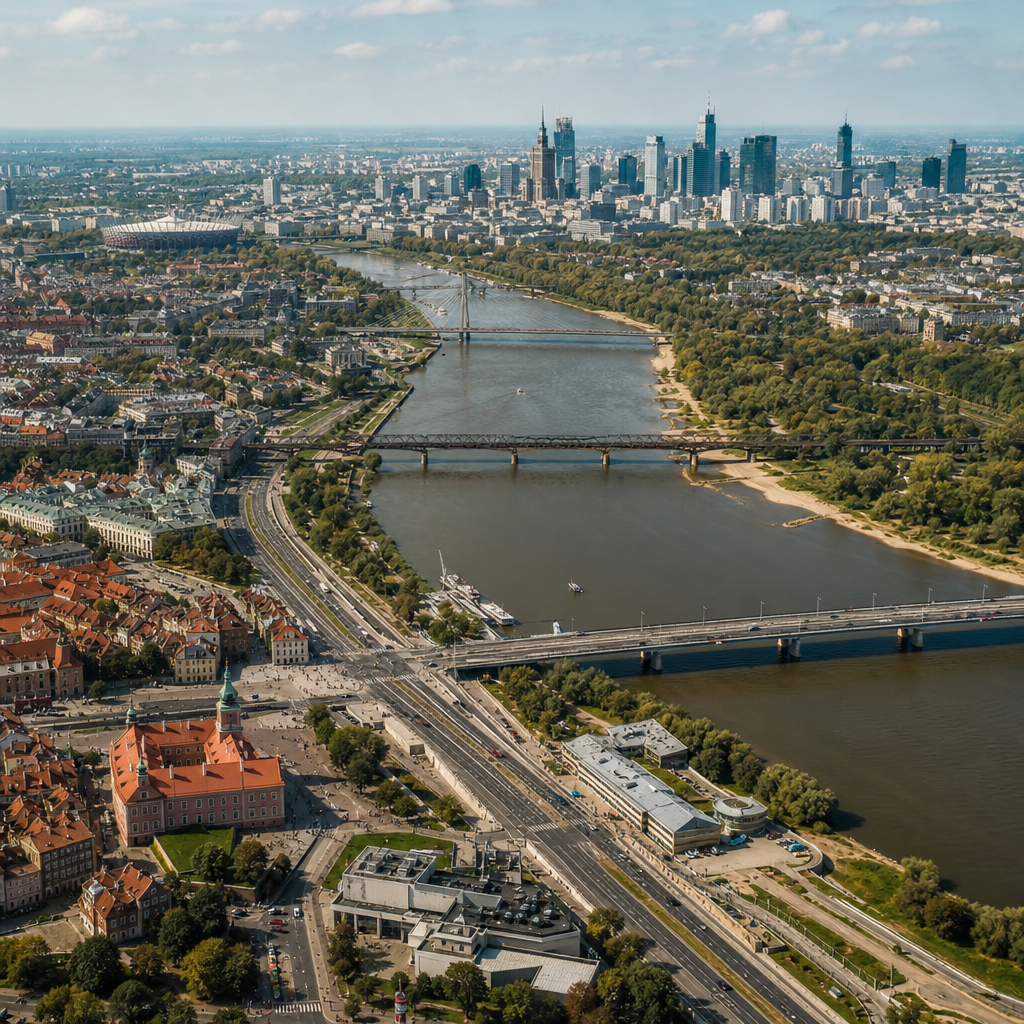 Zdjęcie z powietrza rzeki Wisły przepływającej przez Warszawę z widokiem na nowoczesną i historyczną zabudowę