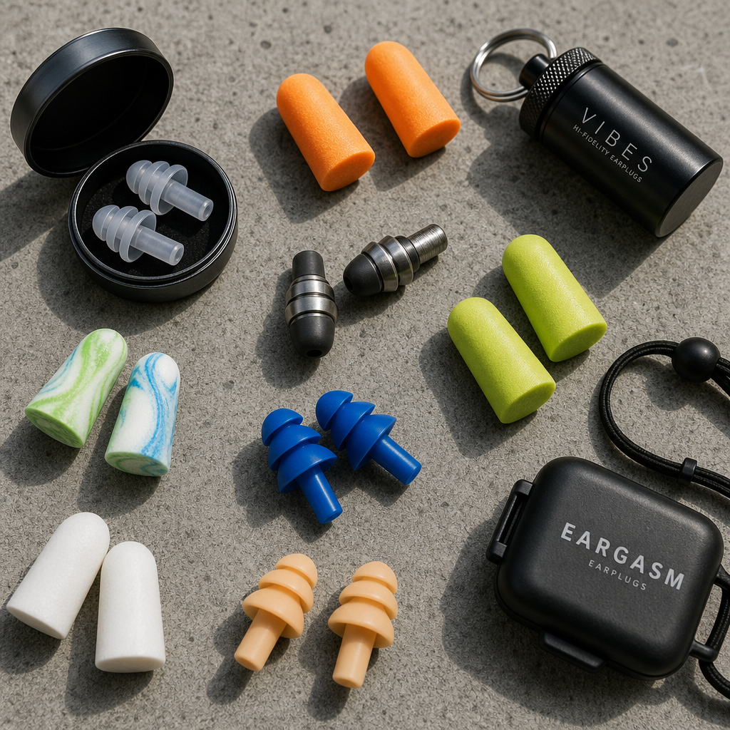Collection of different types of ear plugs including foam, silicone, and metal options displayed on concrete