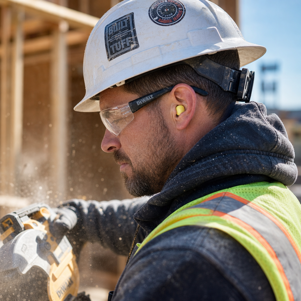 Construction worker wearing correctly inserted ear plugs while operating power tools on site