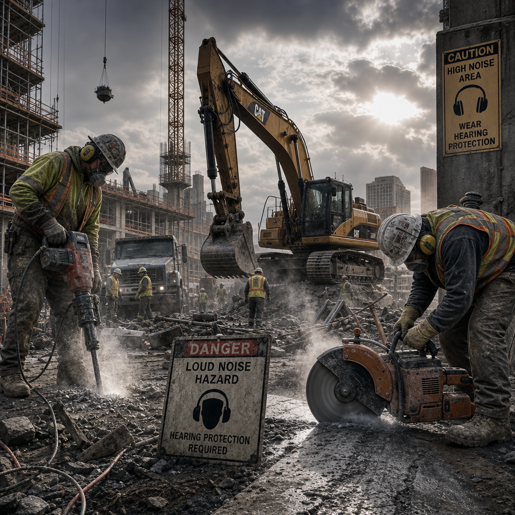Active construction site with multiple loud power tools and machinery creating hazardous noise environment