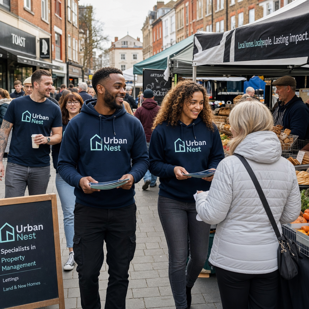 Staff members in branded custom clothing at a UK market stall