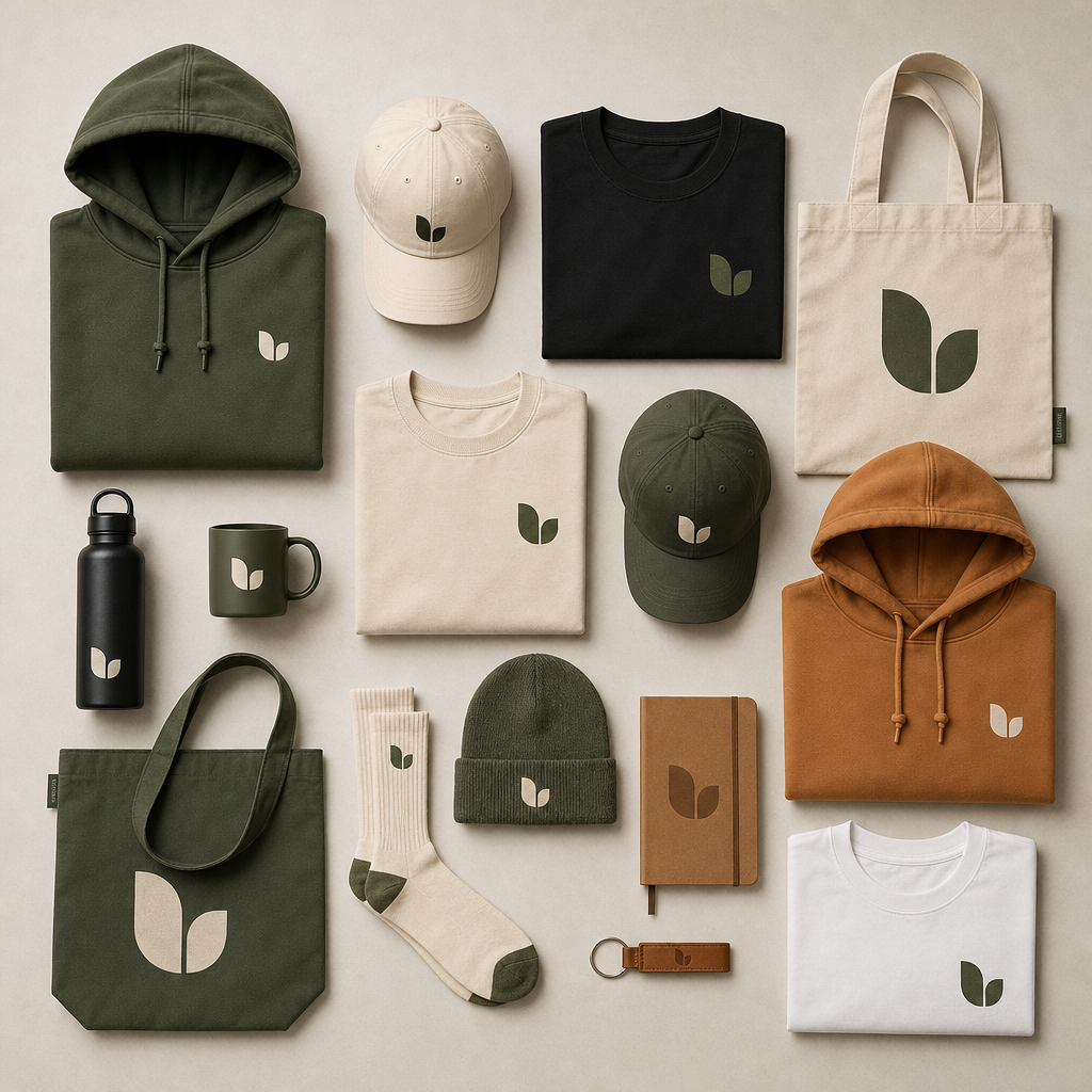 Collection of custom branded clothing items arranged in flat lay