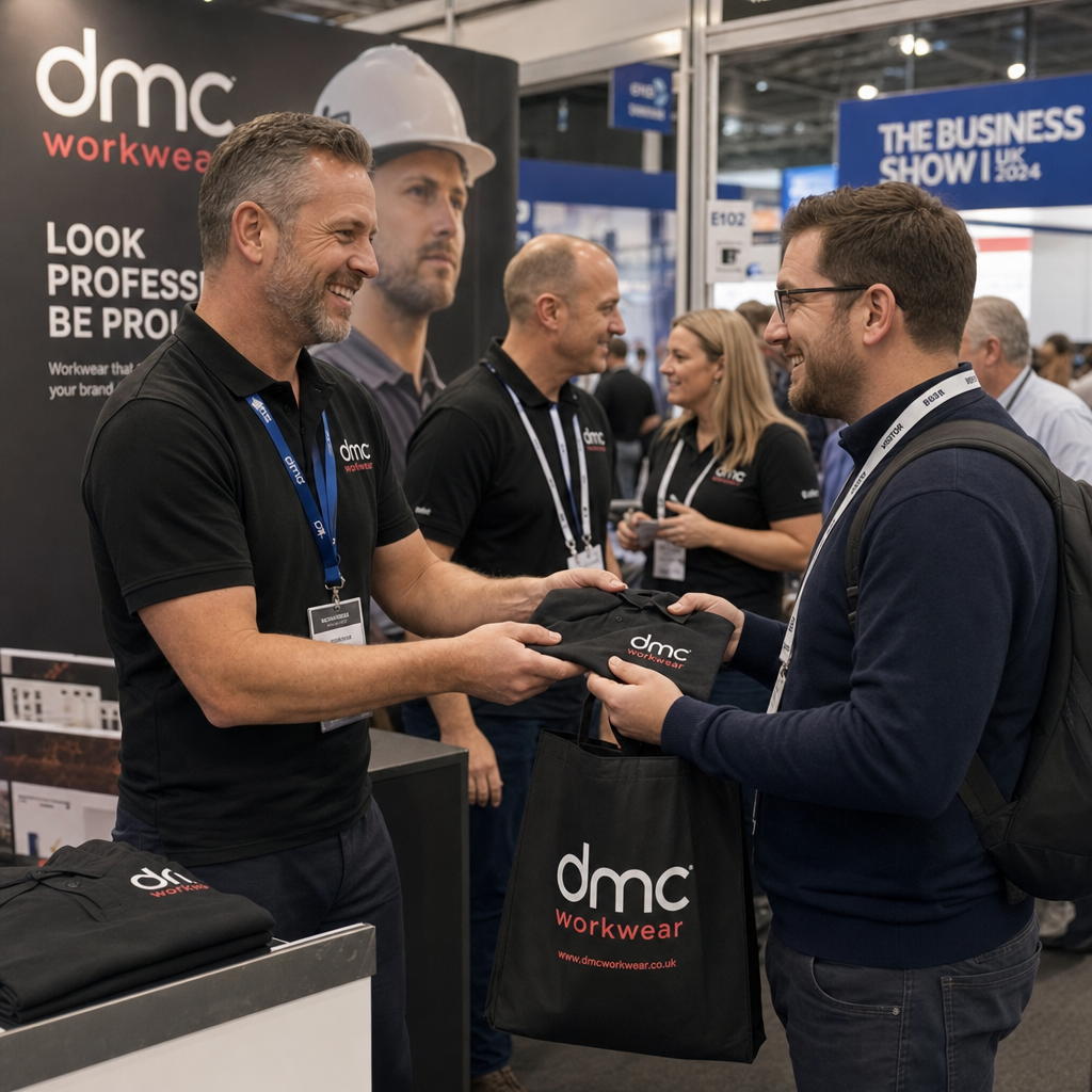 Professionals at a trade show exchanging branded custom clothing merchandise