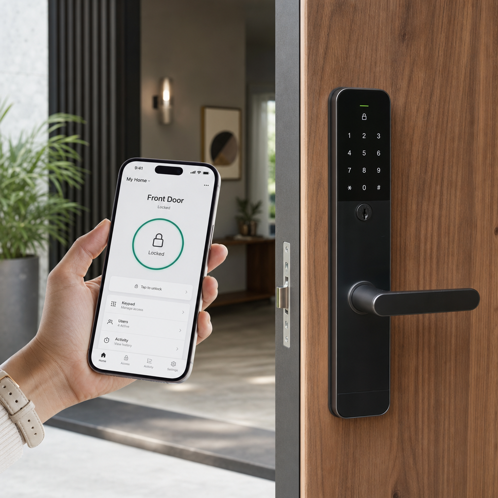 Smartphone displaying smart lock control app near modern door lock