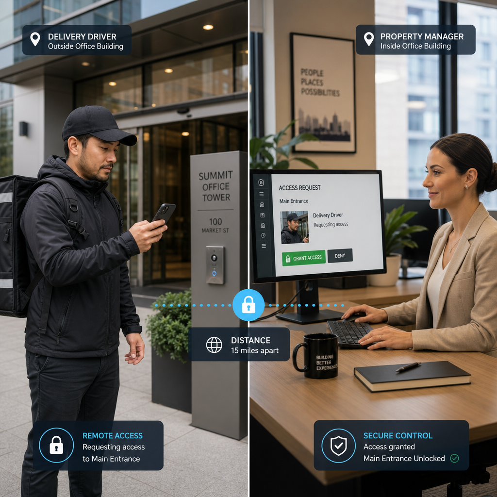 Delivery driver and property manager in separate locations representing remote smart lock access