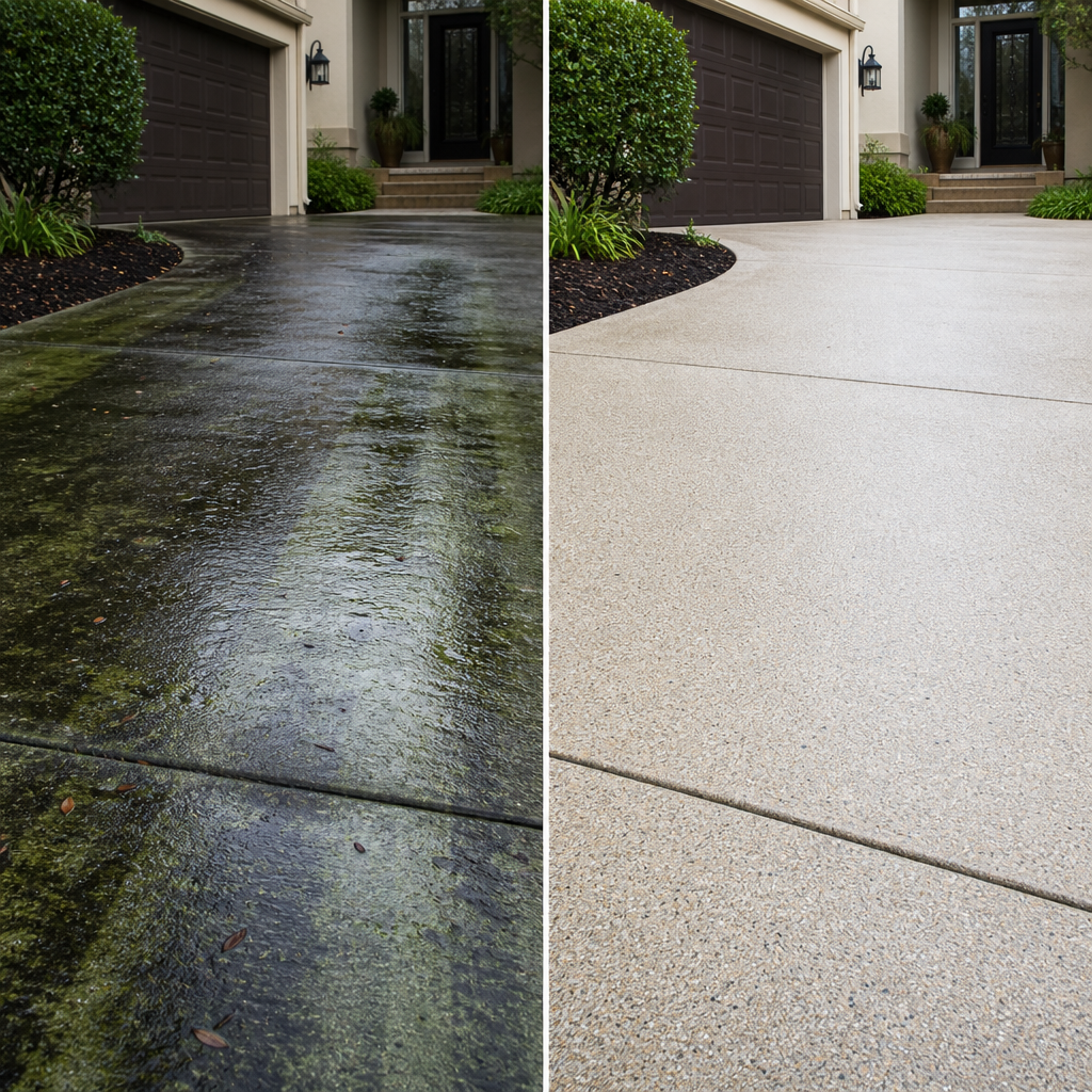 Before-and-after comparison of a cleaned driveway showing algae removal