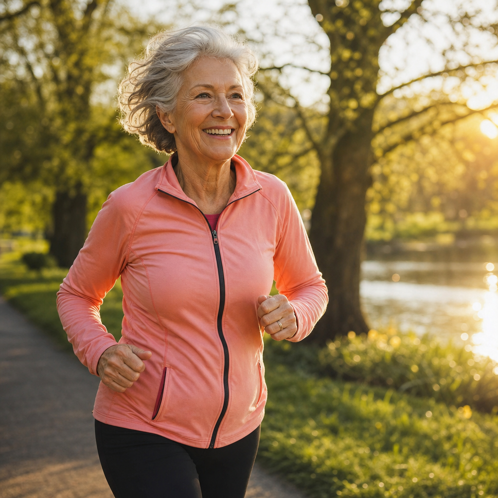 Active senior woman jogging in a sunny UK park