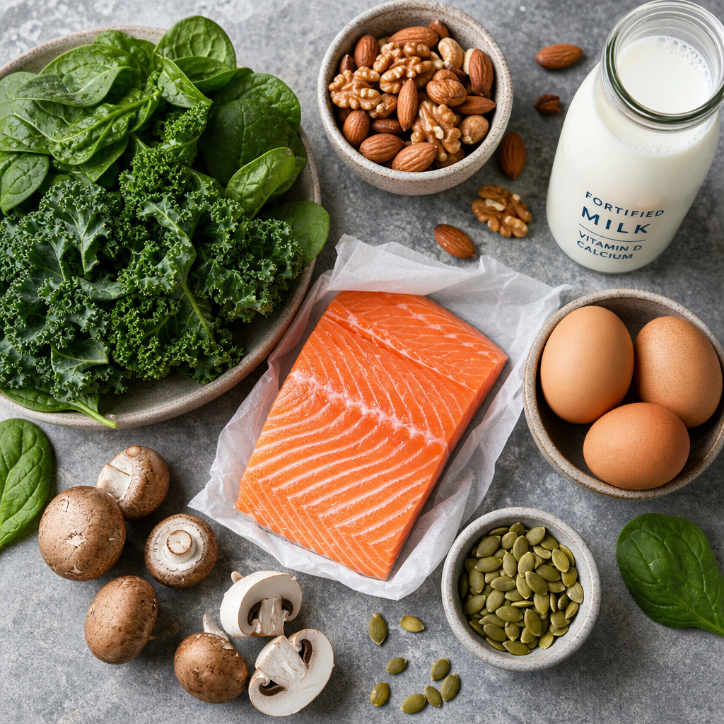 Nutrient-rich foods including greens, salmon, eggs and dairy arranged on stone surface