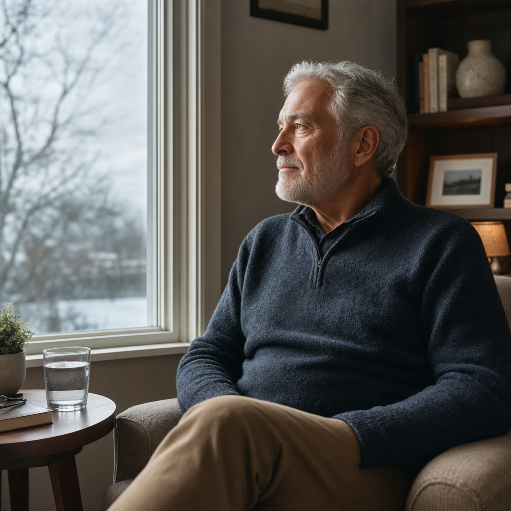 Senior man by window during overcast winter day with glass of water
