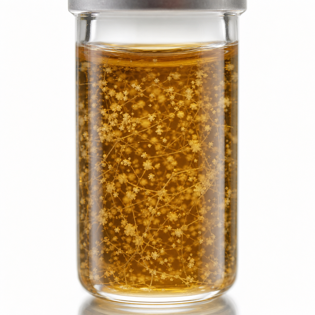 Close-up of platelet-rich fluid in a vial showing concentrated golden serum