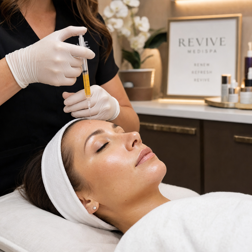 Medispa practitioner administering platelet therapy treatment to client's face