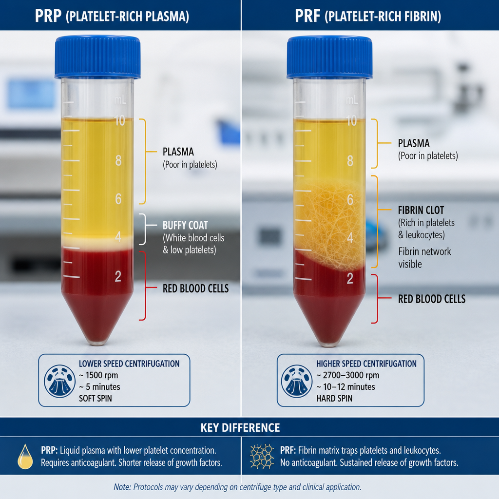 Comparison of PRP and PRF vials showing different platelet concentrations